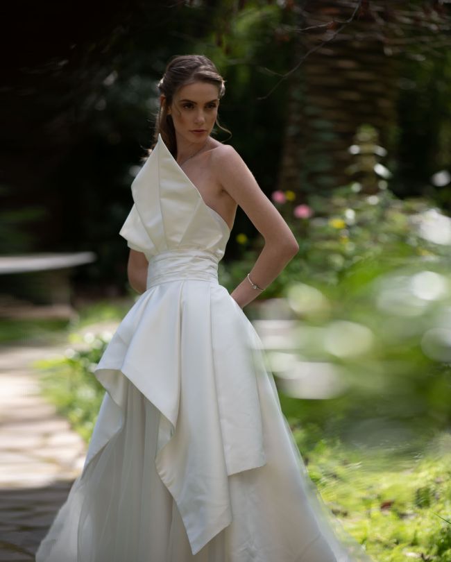 swan wedding dress in the garden